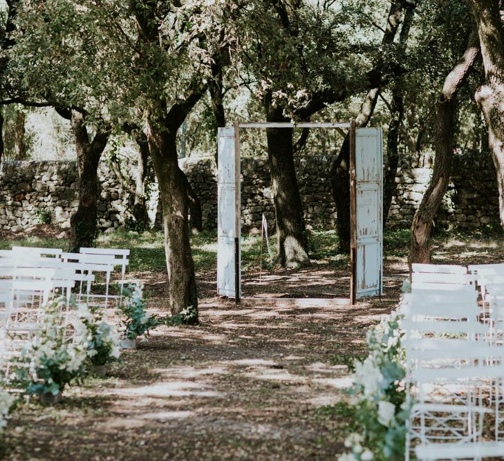 Outdoor Wedding Ceremony with Old Door Frame Wedding Decor