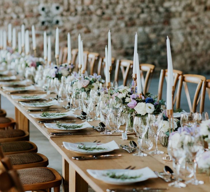 Rustic Table decor with Lilac Floral Centrepieces and Taper Candles