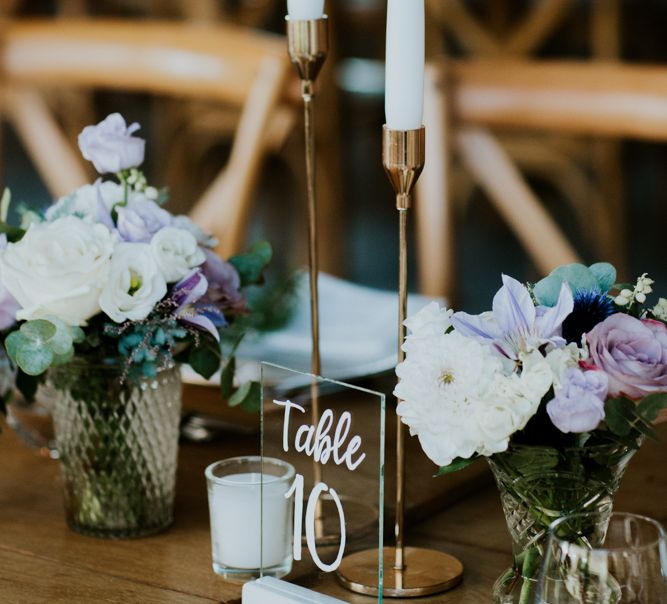 Glass Table Number Sign and Gold Candle Sticks with Taper Candles