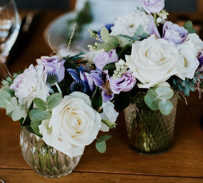 White and Lilac Wedding Flowers in Mercury Glass Votives