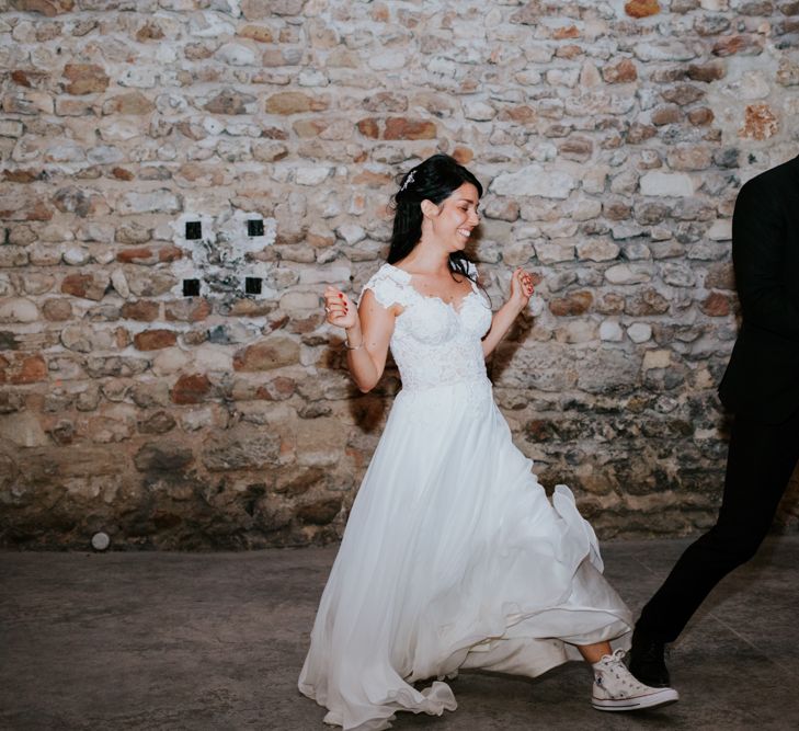 First Dance with Bride in Appliqué Caroline Castigliano Wedding Dress and Groom in Tuxedo