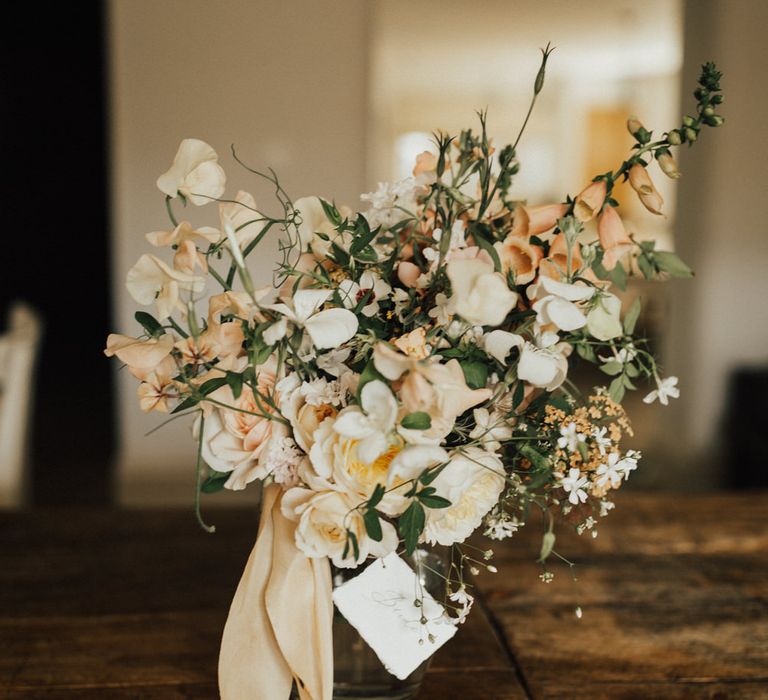 Wedding Bouquet of Mixed Ochre and White Flowers with Champagne Trailing Ribbon | Outdoor Ceremony at Fishley Hall with Grace Loves Lace Fringe Dress | Darina Stoda Photography