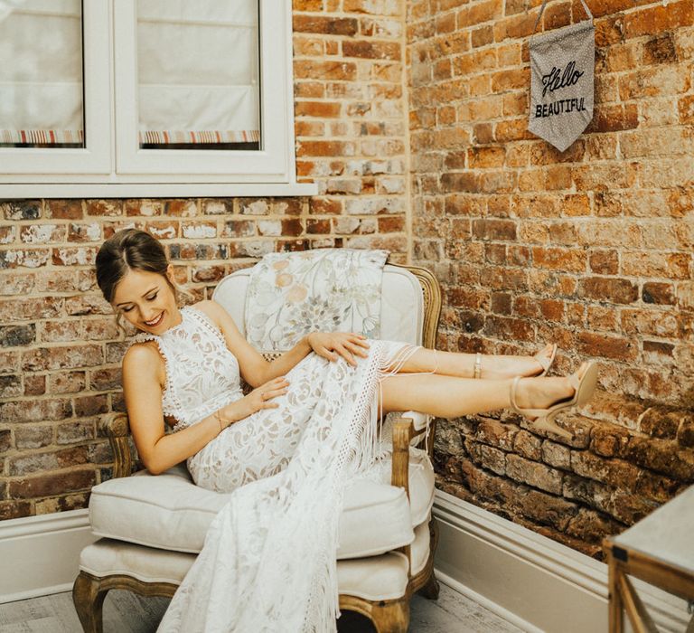 Bride in Embroidered Grace Loves Lace Gown with Fringing and Cut Out Back | Nude Strappy Nine West Bridal Shoes | Bridal Up Do | Outdoor Ceremony at Fishley Hall with Grace Loves Lace Fringe Dress | Darina Stoda Photography