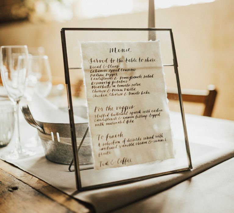 Wedding Breakfast Menu | Calligraphy Sign in Black Frame | Outdoor Ceremony at Fishley Hall with Grace Loves Lace Fringe Dress | Darina Stoda Photography