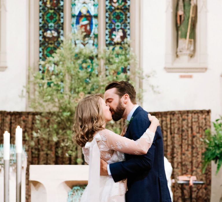 Church Wedding Ceremony | Bride in Delphine Manivet Gown | Groom in Navy Blazer &amp; Grey Trousers | Fun Stretch Tent Reception on Primary School Field in Sheffield |  Tub of Jelly Photography