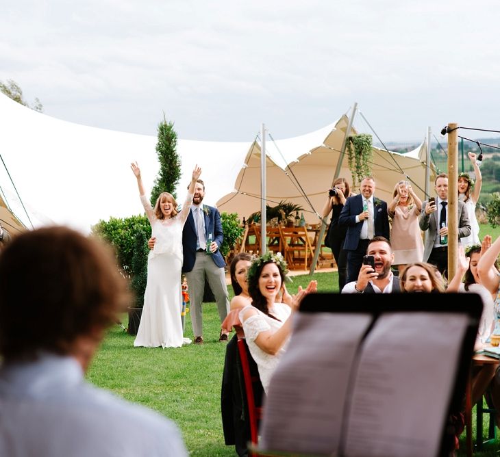 Bride in Delphine Manivet Gown | Groom in Navy Blazer &amp; Grey Trousers | Fun Stretch Tent Reception on Primary School Field in Sheffield |  Tub of Jelly Photography