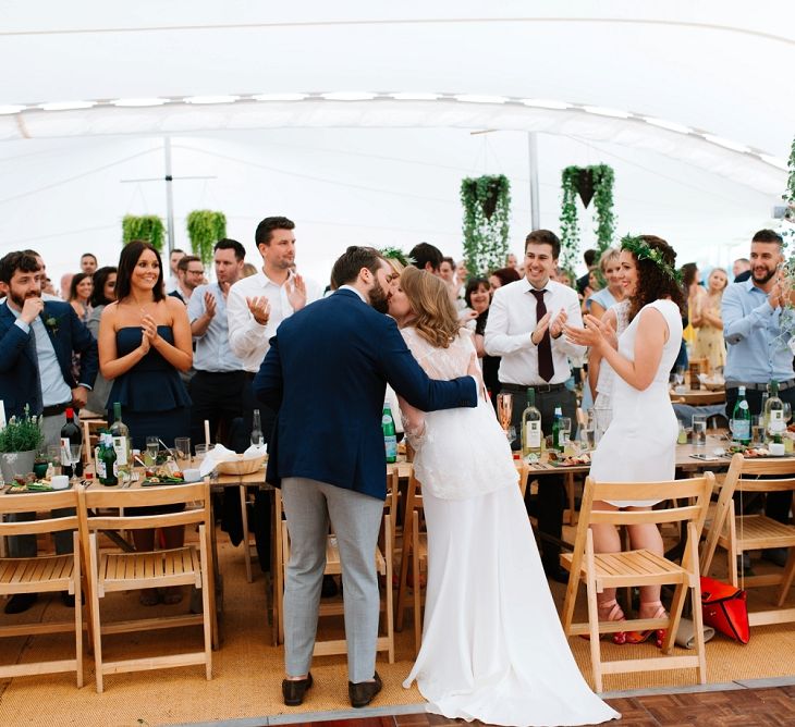 Bride in Delphine Manivet Gown | Groom in Navy Blazer &amp; Grey Trousers | Fun Stretch Tent Reception on Primary School Field in Sheffield |  Tub of Jelly Photography