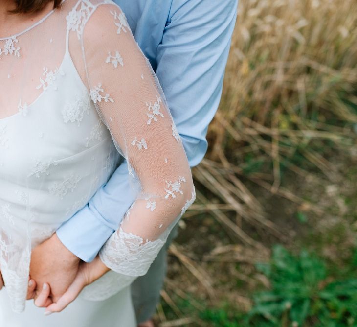 Bride in Delphine Manivet Gown | Groom in Navy Blazer &amp; Grey Trousers | Fun Stretch Tent Reception on Primary School Field in Sheffield |  Tub of Jelly Photography