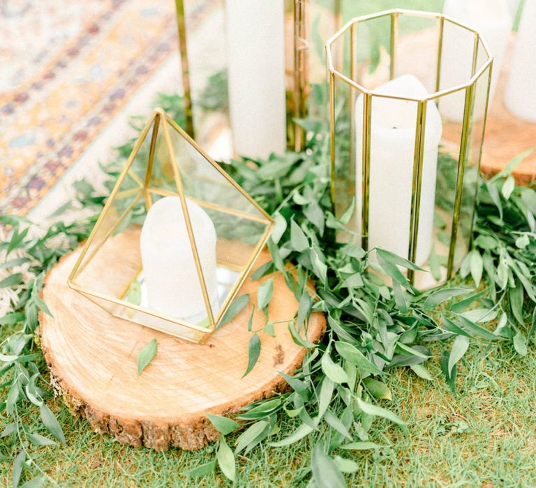 Candles in Gold Storm Lanterns and Terrariums wedding Decor