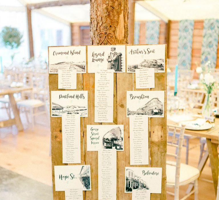 Wooden Table Plan with Black and White Illustrations on an Easel