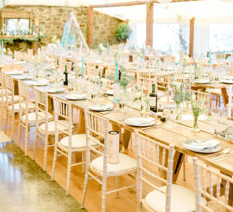 Long Tables at Wedding Reception with Hanging Paper Lanterns