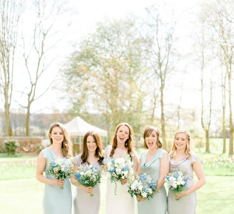 Bridal Party Portrait with Bridesmaids in Satin Ghost Dresses