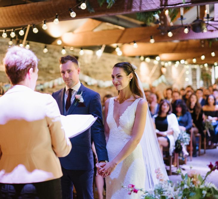 Rustic Barn Wedding Ceremony with Fairy Light Decor