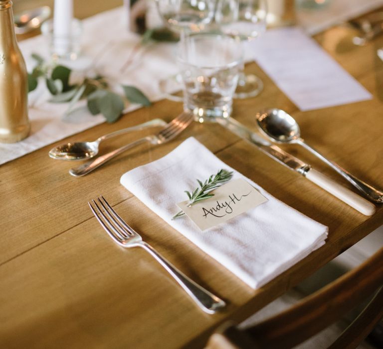 Elegant Place Setting with Napkin, Place Name Card and Rosemary Sprig