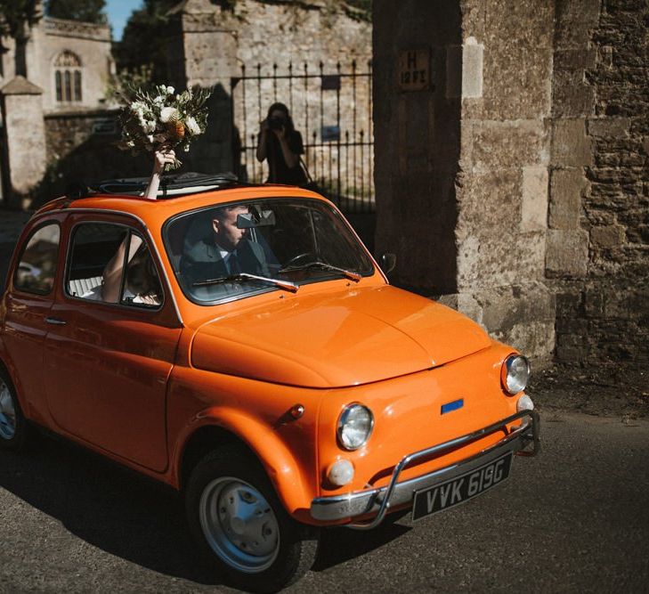 Bright Orange Fiat 500 Wedding Transport In Somerset