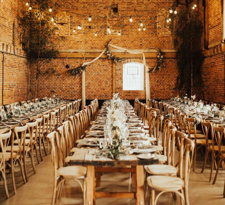 Godwick Barn Norfolk Wedding Reception with Festoon Lights, Drapes and Hoop Wedding Decor