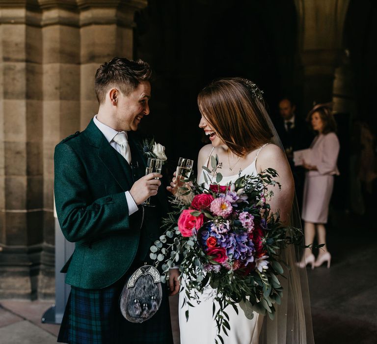 Happy bride and groom at wedding 2020