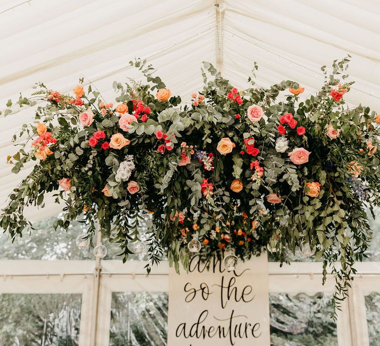 Colourful hanging flower installation