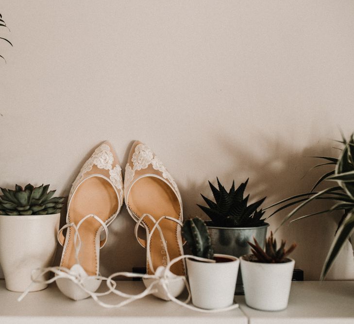 Ivory Bella Belle Wedding Shoes with Illusion Embroidered Lace and Ankle Ties | Festoon Light Canopy and Indoor Trees for Humanist Wedding in St Andrews | Carla Blain Photography