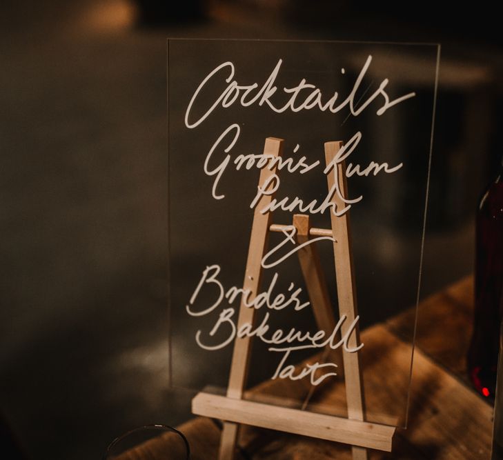 Perspex Cocktail Sign | Kinkell Byre Wedding Venue | Festoon Light Canopy and Indoor Trees for Humanist Wedding in St Andrews | Carla Blain Photography