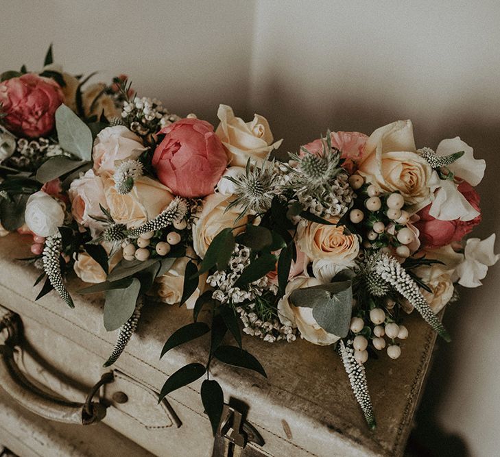 Peony Wedding Flowers on Decorative Suitcases