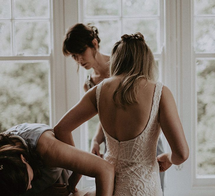 Low Lace Back Bride Dress with Hair Down Wedding Hair