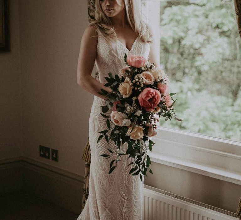 Wedding Bouquet with Coral and Blush Peonies with Blush Lace Wedding Dress