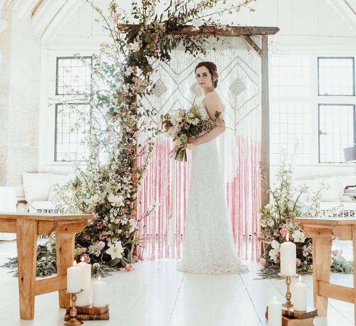 Bride in Half Penny London Gown | Macrame &amp; Floral Altar Wedding Decor | Classical Springtime Romance Inspiration at Butley Priory by Brown Birds Weddings | Jess Soper Photography