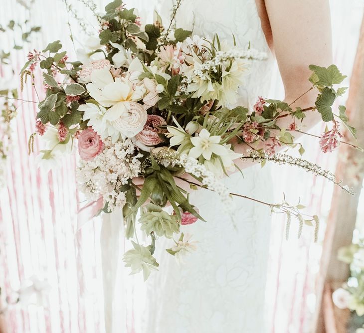 White, Pink &amp; Green Oversized Bouquet | Bride in Half Penny London Gown | Macrame &amp; Floral Altar Wedding Decor | Classical Springtime Romance Inspiration at Butley Priory by Brown Birds Weddings | Jess Soper Photography