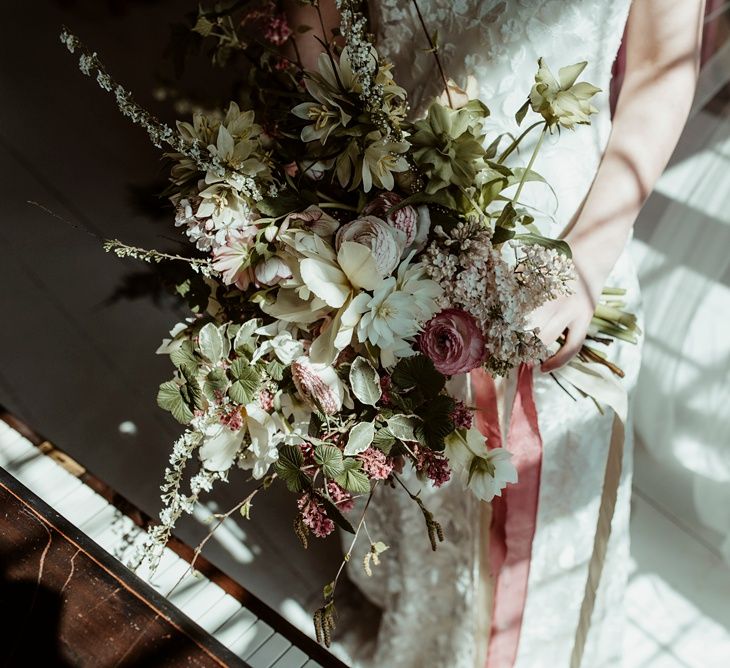 White, Pink &amp; Green Oversized Bouquet with Ribbons | Bride in Half Penny London Gown | Classical Springtime Romance Inspiration at Butley Priory by Brown Birds Weddings | Jess Soper Photography