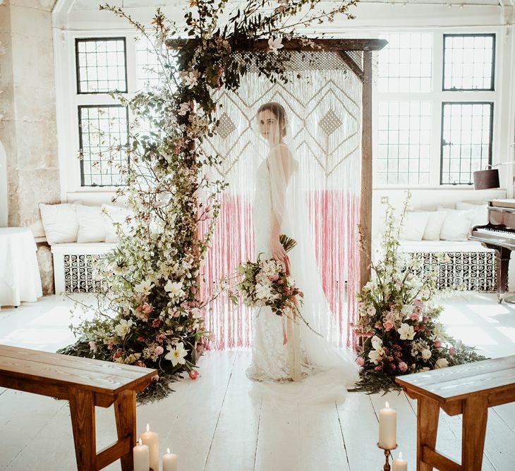 Bride in Half Penny London Gown | Macrame &amp; Floral Altar Wedding Decor | Classical Springtime Romance Inspiration at Butley Priory by Brown Birds Weddings | Jess Soper Photography