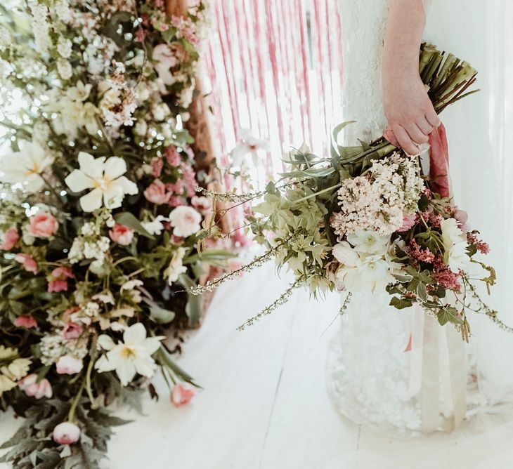 Oversized Bridal Bouquet | Bride in Half Penny London Gown | Macrame &amp; Floral Altar Wedding Decor | Classical Springtime Romance Inspiration at Butley Priory by Brown Birds Weddings | Jess Soper Photography