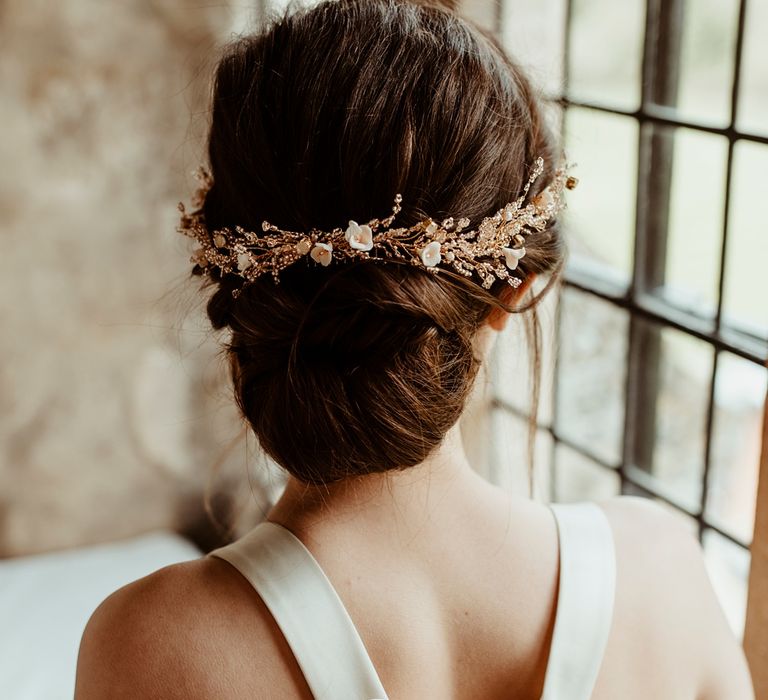 Bridal Up Do with Gold Hair Vine | Halfpenny London Bow Back Wedding Dress | Classical Springtime Romance Inspiration at Butley Priory by Brown Birds Weddings | Jess Soper Photography