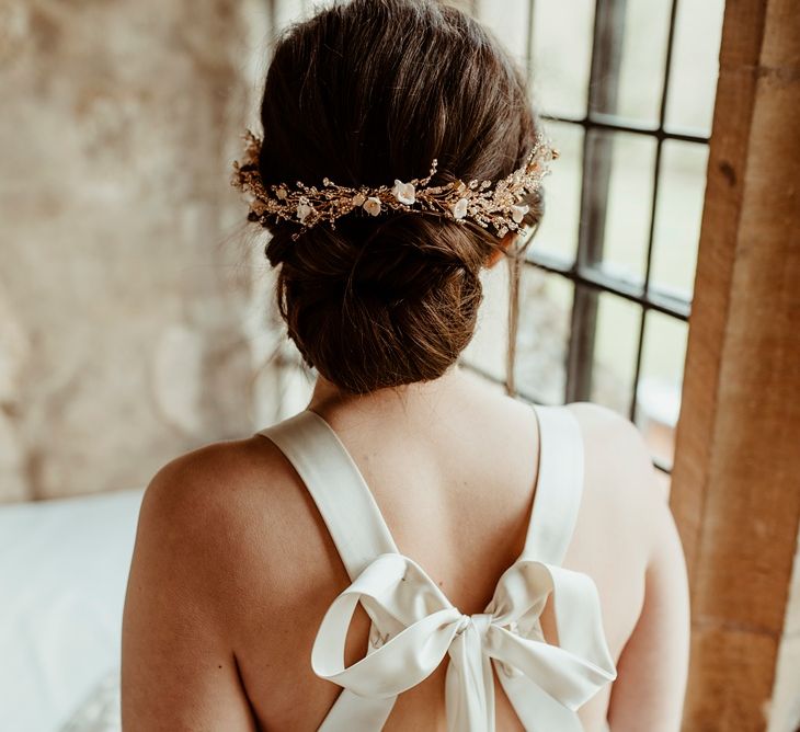 Bridal Up Do with Gold Hair Vine | Halfpenny London Bow Back Wedding Dress | Classical Springtime Romance Inspiration at Butley Priory by Brown Birds Weddings | Jess Soper Photography