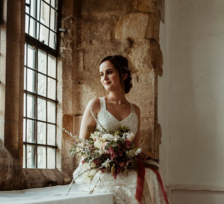 Bride in Half Penny London Gown | Oversized Bridal Bouquet | Classical Springtime Romance Inspiration at Butley Priory by Brown Birds Weddings | Jess Soper Photography