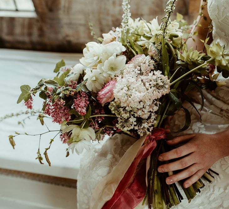 Oversized White, Green &amp; Pink Bridal Bouquet | Classical Springtime Romance Inspiration at Butley Priory by Brown Birds Weddings | Jess Soper Photography