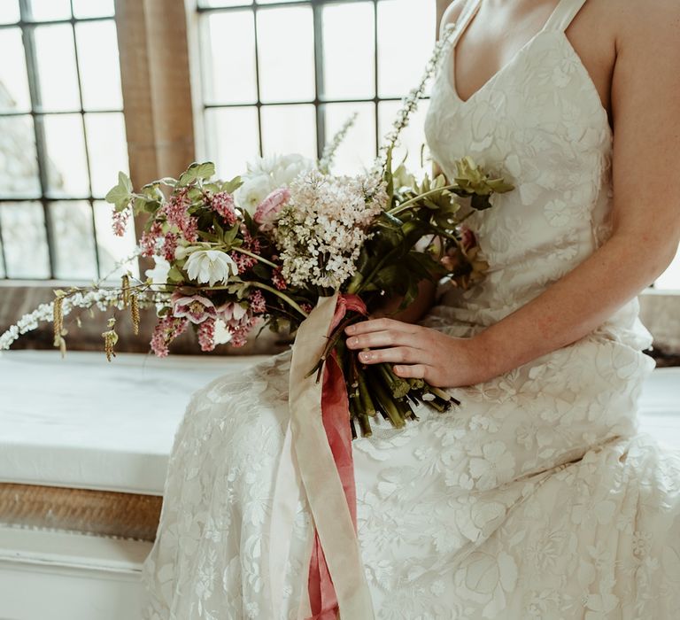 Bride in Half Penny London Gown | Oversized Bridal Bouquet with Ribbon | Classical Springtime Romance Inspiration at Butley Priory by Brown Birds Weddings | Jess Soper Photography