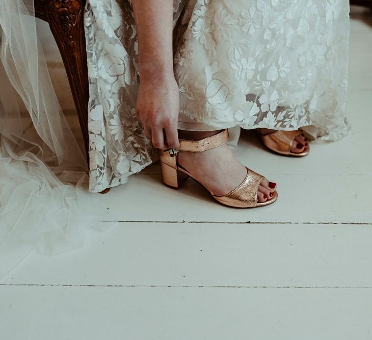 Gold Shoes | Bride in Half Penny London Gown &amp; Veil | Classical Springtime Romance Inspiration at Butley Priory by Brown Birds Weddings | Jess Soper Photography