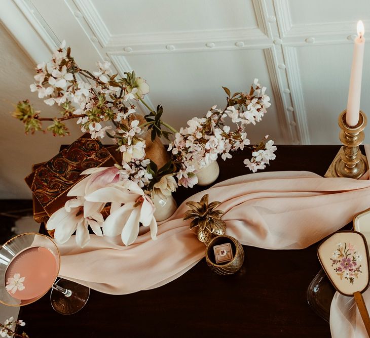 Vintage Pink Dresser with Tapper Candles |  | Classical Springtime Romance Inspiration at Butley Priory by Brown Birds Weddings | Jess Soper Photography