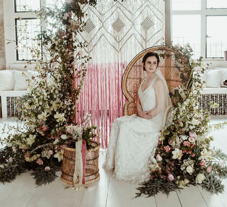 Bride in Half Penny London Gown | Peacock Chair, Macrame &amp; Floral Altar Wedding Decor | Classical Springtime Romance Inspiration at Butley Priory by Brown Birds Weddings | Jess Soper Photography