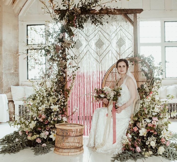 Bride in Half Penny London Gown | Peacock Chair, Macrame &amp; Floral Altar Wedding Decor | Classical Springtime Romance Inspiration at Butley Priory by Brown Birds Weddings | Jess Soper Photography