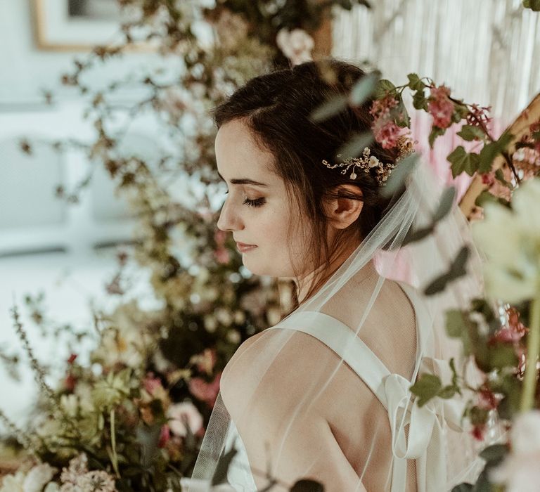 Bride in Half Penny London Gown &amp; Veil | Peacock Chair, Macrame &amp; Floral Altar Wedding Decor | Classical Springtime Romance Inspiration at Butley Priory by Brown Birds Weddings | Jess Soper Photography