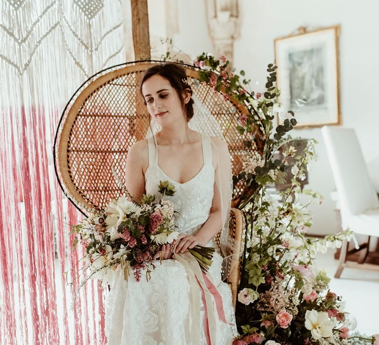 Bride in Half Penny London Gown | Peacock Chair &amp; Floral Wedding Decor | Classical Springtime Romance Inspiration at Butley Priory by Brown Birds Weddings | Jess Soper Photography