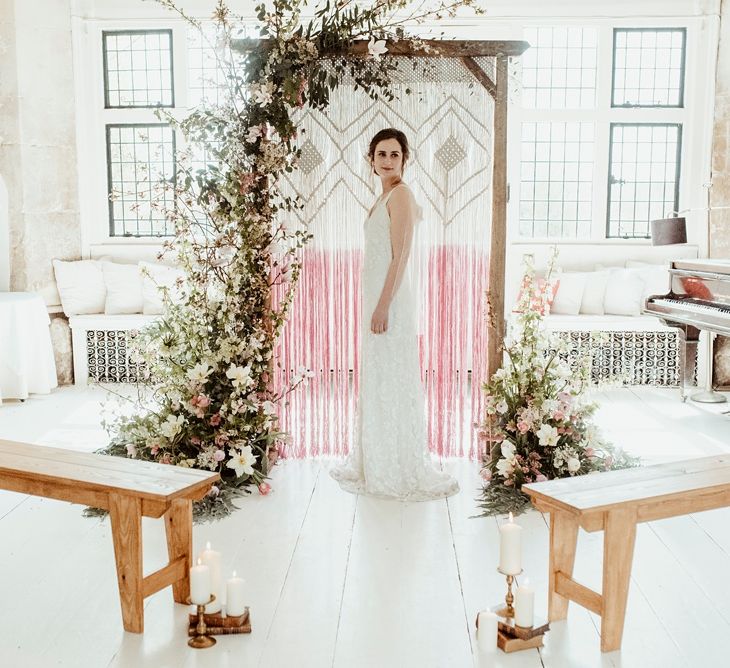 Bride in Half Penny London Gown | Macrame &amp; Floral Altar Wedding Decor | Classical Springtime Romance Inspiration at Butley Priory by Brown Birds Weddings | Jess Soper Photography