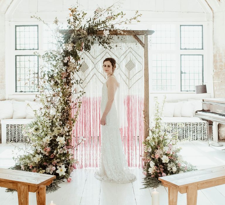 Bride in Half Penny London Gown | Macrame &amp; Floral Altar Wedding Decor | Classical Springtime Romance Inspiration at Butley Priory by Brown Birds Weddings | Jess Soper Photography