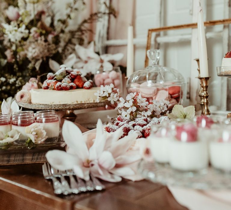 Delicious Dessert Table with Cheesecake &amp; Macaroons | Classical Springtime Romance Inspiration at Butley Priory by Brown Birds Weddings | Jess Soper Photography