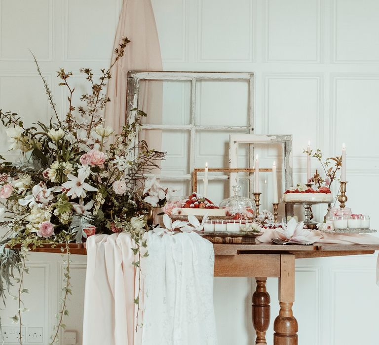 Dessert table with Floral Arrangement | Classical Springtime Romance Inspiration at Butley Priory by Brown Birds Weddings | Jess Soper Photography