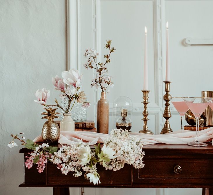 Vintage Dresser Drinks Table with Blush Pink Cocktail &amp; Flowers | Classical Springtime Romance Inspiration at Butley Priory by Brown Birds Weddings | Jess Soper Photography