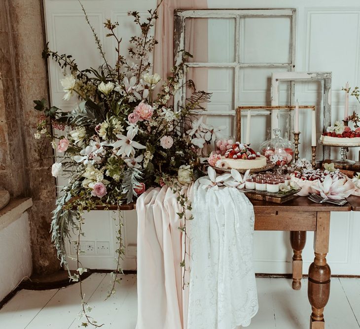 Blush Pink Dessert Table &amp; Flowers | Classical Springtime Romance Inspiration at Butley Priory by Brown Birds Weddings | Jess Soper Photography