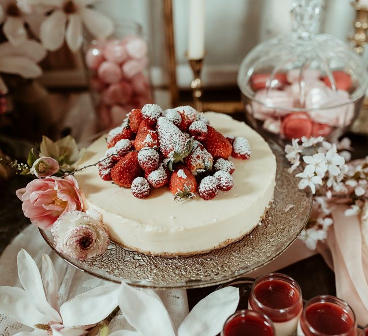 Blush Pink Dessert Table | Cheesecake with Berries  | Classical Springtime Romance Inspiration at Butley Priory by Brown Birds Weddings | Jess Soper Photography